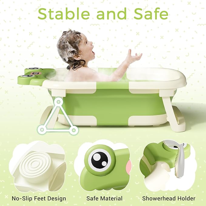 Baby Bathtub, Collapsible Newborn Bathtub for Infant to Toddler 0-24 Months with Soft Cushion and Thermometer,Portable Travel Newborn Tub with No-Slip Feet, Baby Shower Gifts,Green