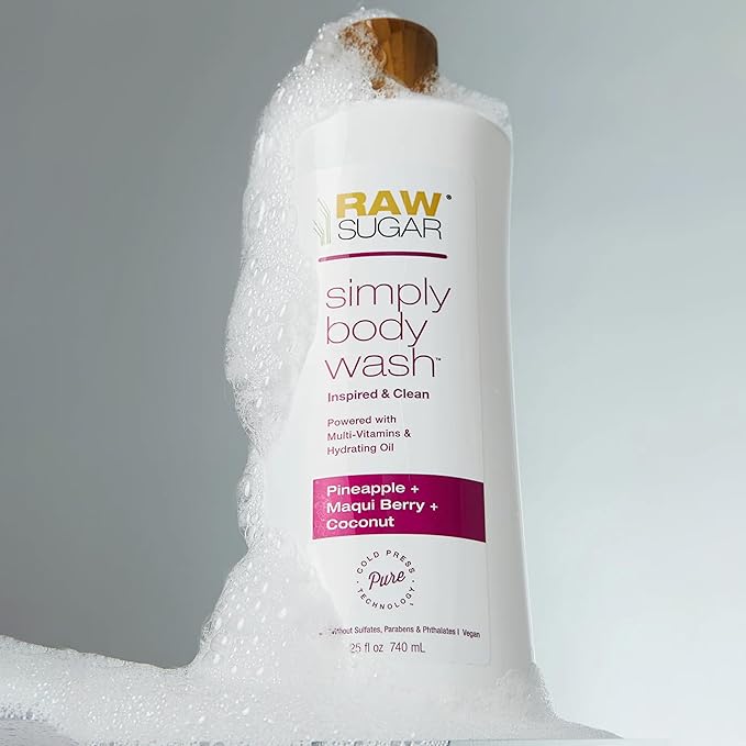 RAW SUGAR Simply Body Wash Variety Trio (25 Fl Oz, Pack of 3) Vegan Bath & Shower Gel, Raw Coconut + Mango, Pineapple + Maqui Berry + Coconut and Watermelon + Fresh Mint, No Sulfates & Parabens