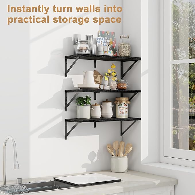 Fun Memories Floating Bookshelves, Set of 3 Wall-Mounted Wood Shelves 24" W x 8" D, Decorative Wall Shelf for Living Room, Bedroom, Bathroom, and Laundry Room (Black)