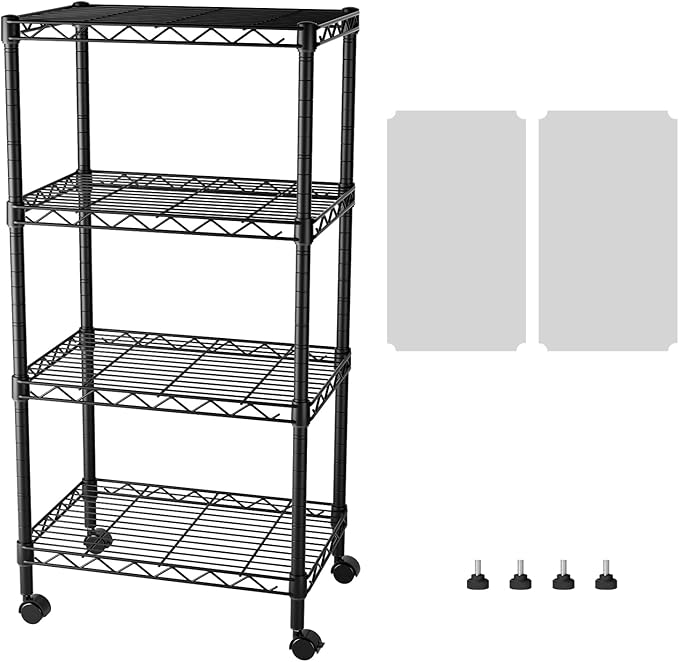 SINGAYE 4 Small Shelves Storage Shelf Wire Shelving Unit Metal Shelf Adjustable Organizers Storage Shelving with Wheels for Bathroom Laundry Room Kitchen Pantry12”D x 18”W x 45”H Black