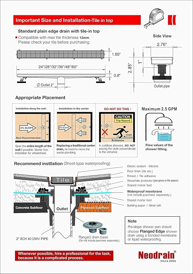 Neodrain 40-Inch Linear Shower Drain with Tile Insert Grate, Brushed 304 Stainless Steel Rectangle Shower Floor Drain, Linear Drain with Leveling Feet, Hair Strainer