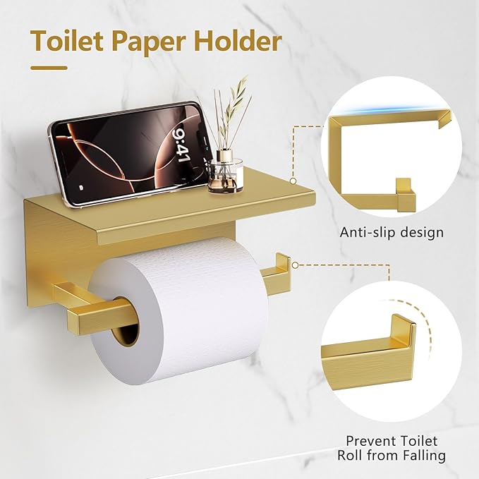 TQKAG 5-Pieces Brushed Gold Bathroom Hardware Accessories Set 23.6" SUS304 Stainless Steel Towel Bar Set Wall Mounted Square Toilet Paper Holder with Shelf