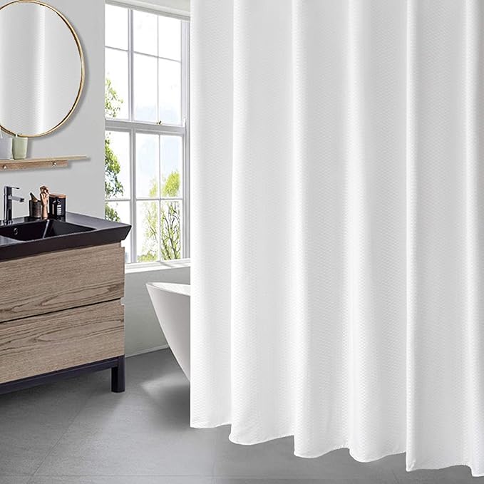 AooHome Extra Long 72x86 Inch Shower Curtain, Fabric Waffle Weave Decor Bath Curtain with Hooks, Weighted Hem, Heavy Weight, Water Repellent, White, 72 Width by 86 Height Inch