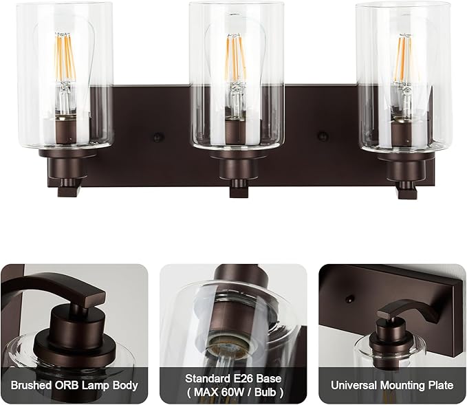 3-Light Bathroom Light Fixtures Modern ORB Vanity Lights for Bathroom Lighting Fixtures Over Mirror with Clear Glass Shade for Cabinet Mirror Bedroom Hallway