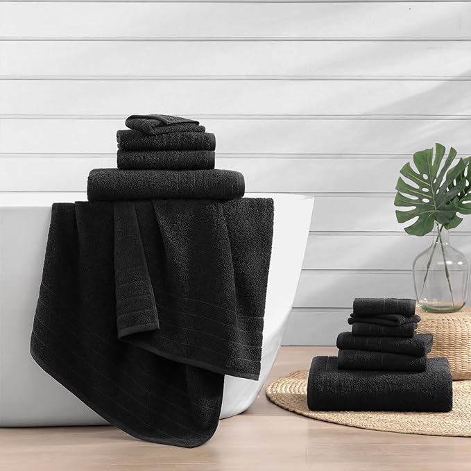 Casa Platino 100% Mercerized Cotton Luxury Bathroom Towels Set - 12 Piece - Ring Spun Technology - 4 Bath, 4 Washcloths, 4 Hand Towels - Remains Soft & Absorbent Even After Multiple Washes - Black