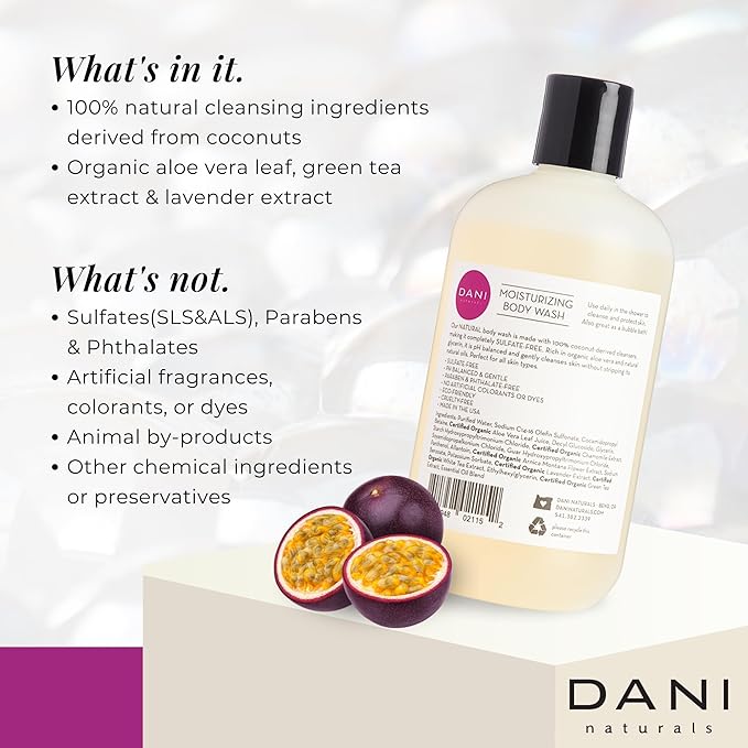 DANI Naturals Moisturizing Body Wash - Sweet Passion Fruit Scent with Organic Aloe Vera & Natural Glycerin - Sulfate & Paraben-Free Shower Gel - 12 oz - Vegan & Cruelty-Free