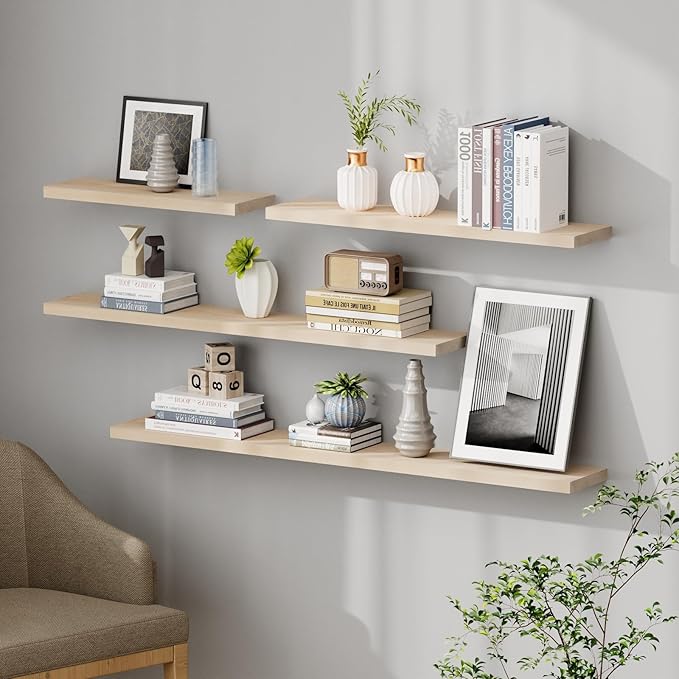 SAUMONIERES Floating Shelves 8 Inch Deep Solid Wood Wide Wall Shelf Set of 1 Wall Mounted for Bedroom Bathroom Living Room Kitchen, 55 Inch Natural