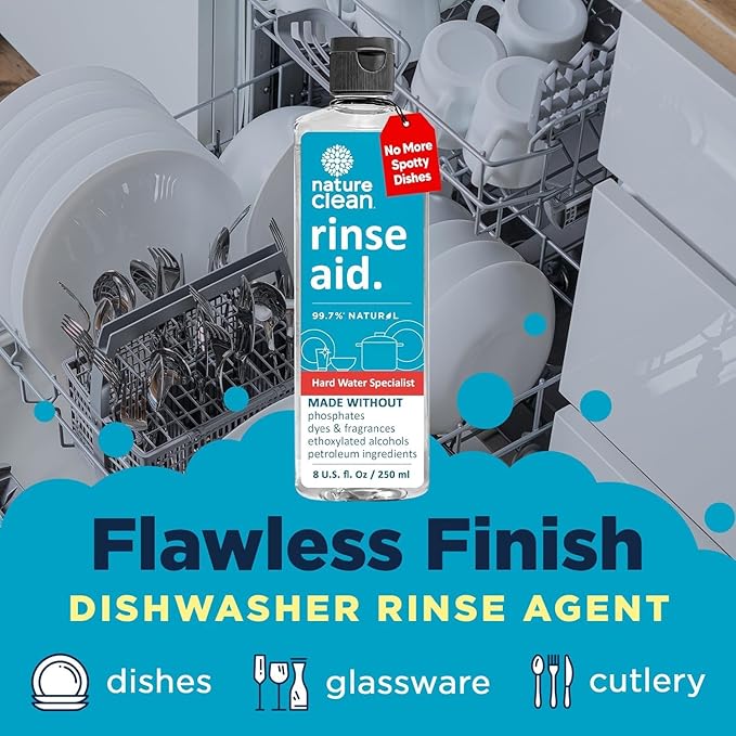 Nature Clean All Natural Dishwasher Rinse Aid Cleaner, Liquid Dishwasher Rinse Agent for Spot-Free Glass & Cutlery in Hard Water, Non Toxic Dish Washer Rinse Aid & Stain Remover, 8 oz/250ml, Pack of 3