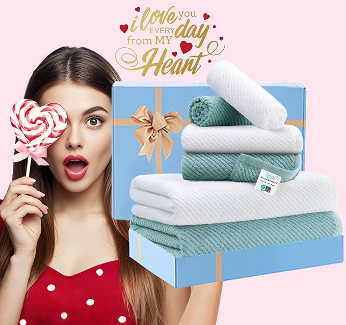 VOOVA & MOVAS Towels for Bathroom - 100% Cotton | Soft | Quick Dry | Thick, Towel Set of 6, 2 Large Bath 30"x56",2 Hand 18"x28", 2 Washcloths 13"x13", Bathroom Essentials, Aqua Teal and White