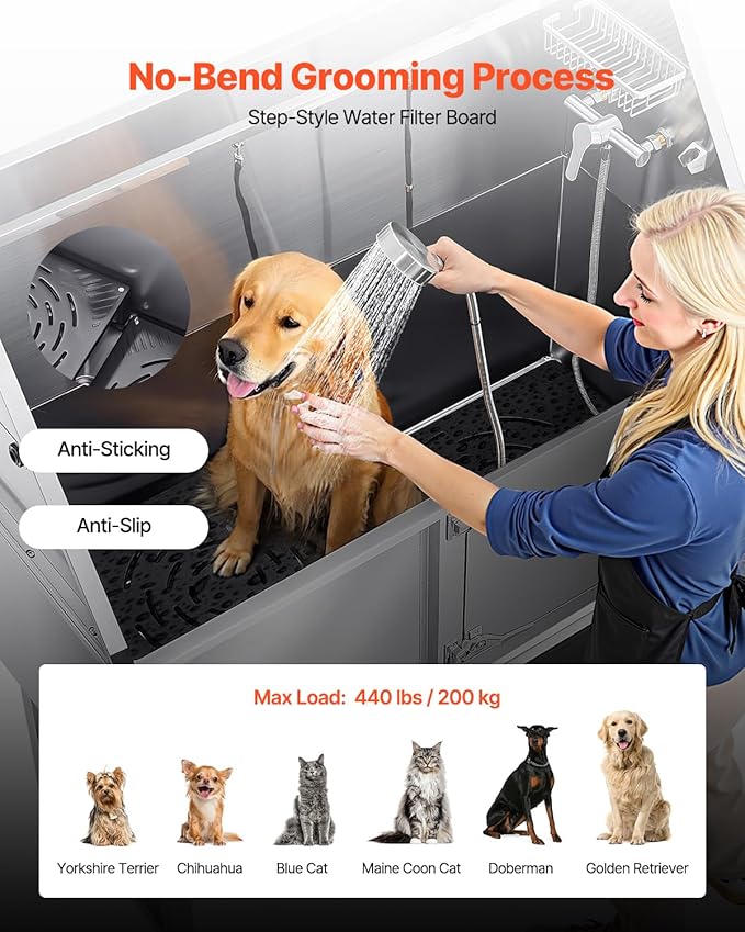 VEVOR Stainless Steel Dog Washing Station, Professional 62 inch Pet Grooming Tub w/Ramp, PE Water Filter Board, Faucet & Showerhead & Soap Holder Bathtub for Large & Medium & Small Pets (Right Door)
