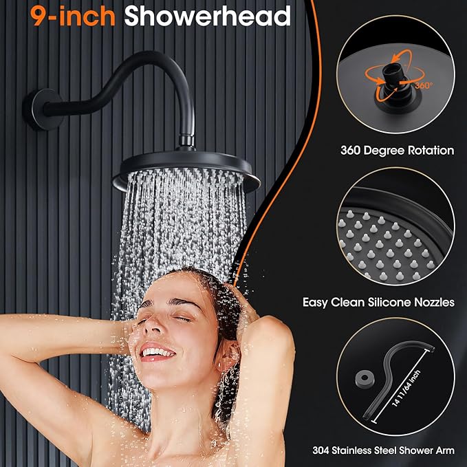 Rainfall Shower Head System with Pressure Balance Valve 9 Inch Bathroom Luxury Rain Mixer Shower Combo Set Wall Mounted Antique Shower Faucet Sets with Vintage Handheld Spray Matte Black