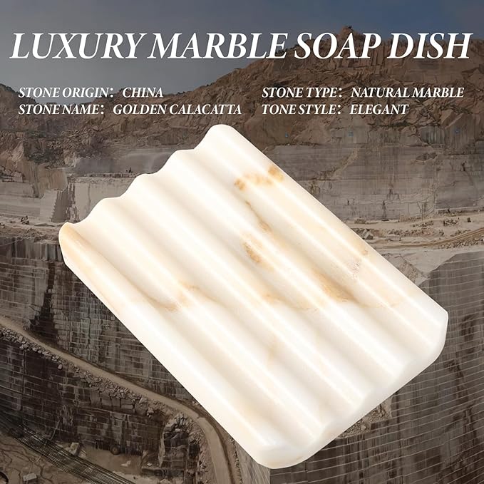 Koville Natural Marble Soap Dish for Bathroom Shower, White Gold Marble Soap Tray for Bathroom, Stone Soap Tray for Sink, Stripe Grooves Soap Saver Keep Soap Bars Dry Easy Clean