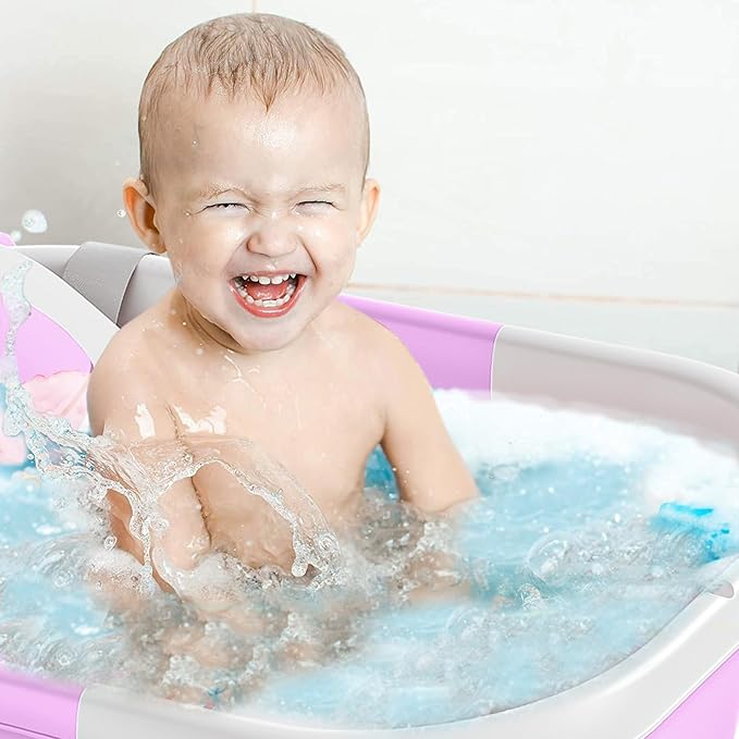 TPN Collapsible Baby Bathtub, Baby Bath Tub with Soft Cushion & Real-Time Thermometer, Baby Bathtub Infant to Toddler Tub (0-36 Months), Portable Travel Baby Tubs for Newborns (Lavender)