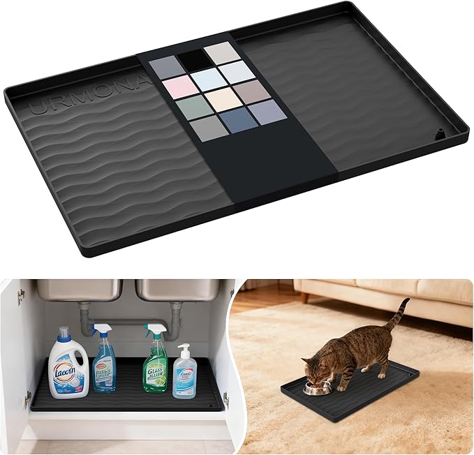 URMONA Waterproof Silicone Under Sink Mat 16'' x 10'' Shelf Liner for Kitchen and Bathroom, Cabinet and Counter Protector, Storage and Organizers, Litter Mat, Pet Cat Puppy Essentials(Black)
