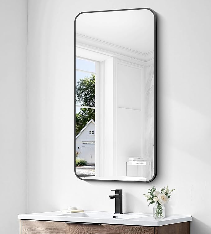 BONEWEI 24x48 inch Bathroom Mirror,Black Rectangle Mirror,Wall Mounted Bathroom Frame Vanity Mirror with Round Corner for Bedroom Living Room, Entryway Hangs Horizontal or Vertical