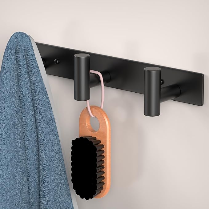 HUFEEOH 2 Pack Coat Hooks Wall Mount, Black T Shaped 3 Hooks Wall Hooks Stainless Steel Coat Hanger Wall Mount, Heavy Duty Towel Hooks Purse Rack for Hanging