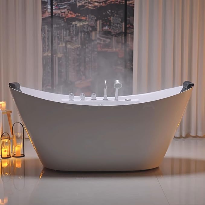 Empava 67" Freestanding Whirlpool Bathtub Oval with 8 Hydromassage Adjustable Water Jets Luxury Acrylic Massage SPA Soaking Bath Tub in White Double Ended