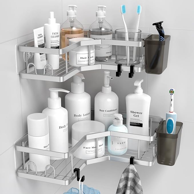 Corner Shower Caddy Shelf Rack: 2 Pack Adhesive Shower Organizer Essentials - No Drilling Stainless Steel Shower Storage Rack with Hooks and Toothpaste Holder - Bathroom Accessories