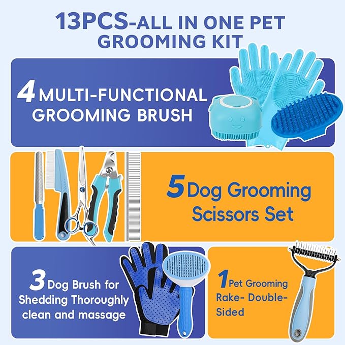 Dog Brush for Shedding 13pcs Bath Grooming Kit with Pet Nail Clipper and File - Dog Bath Brush Cat Grooming Supplies, Dematting Comb Bath Brush Shampoo Scrubber for Dogs and Cats