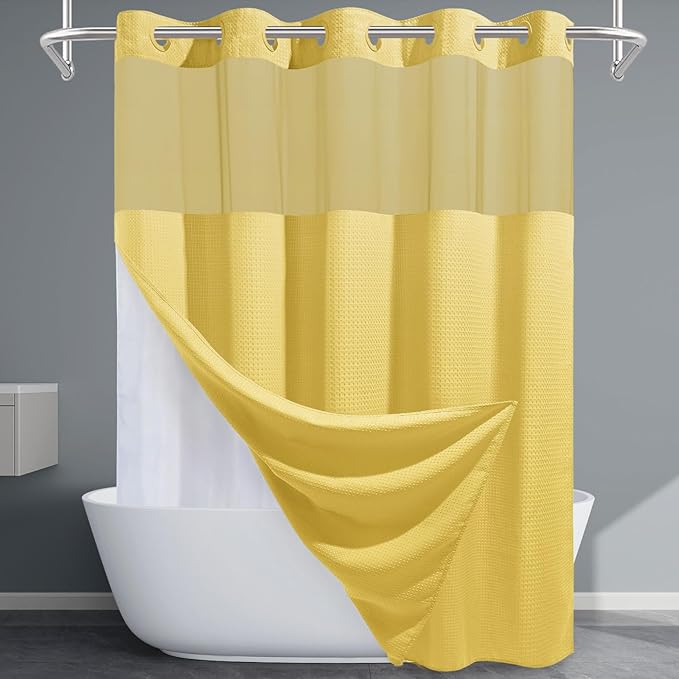 Yellow No Hook Shower Curtain with Snap in Liner,230GSM Waffle Weave Shower Curtains for Bathroom,71W x 74H