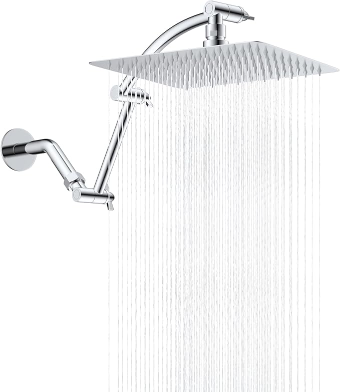 Hibbent All Metal cUPC Certified Rain Shower Head, 10'' High Pressure Rainfall Showerhead with 16" Shower Head Extension Arm, Solid Brass Adjustable Shower Arm Extender, fixed Showerheads, Chrome