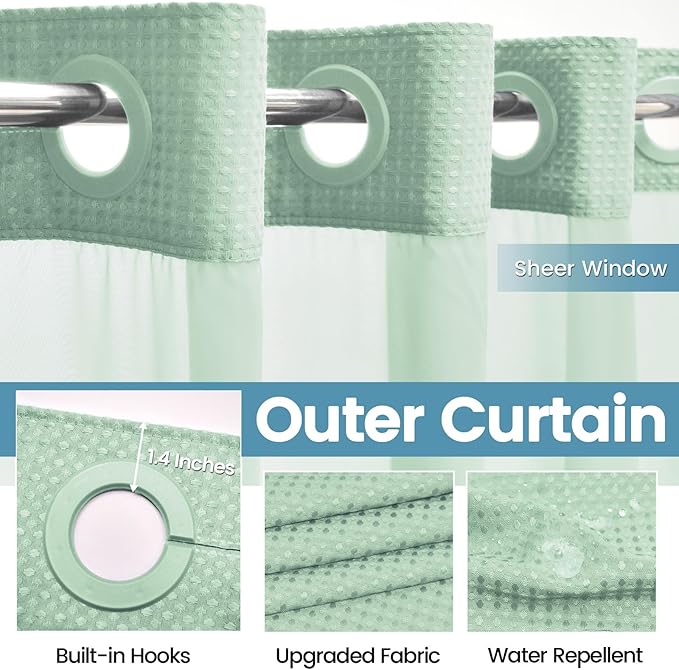 Mint Green No Hook Shower Curtain with Snap in Liner,230GSM Waffle Weave Shower Curtains for Bathroom,71W x 74H
