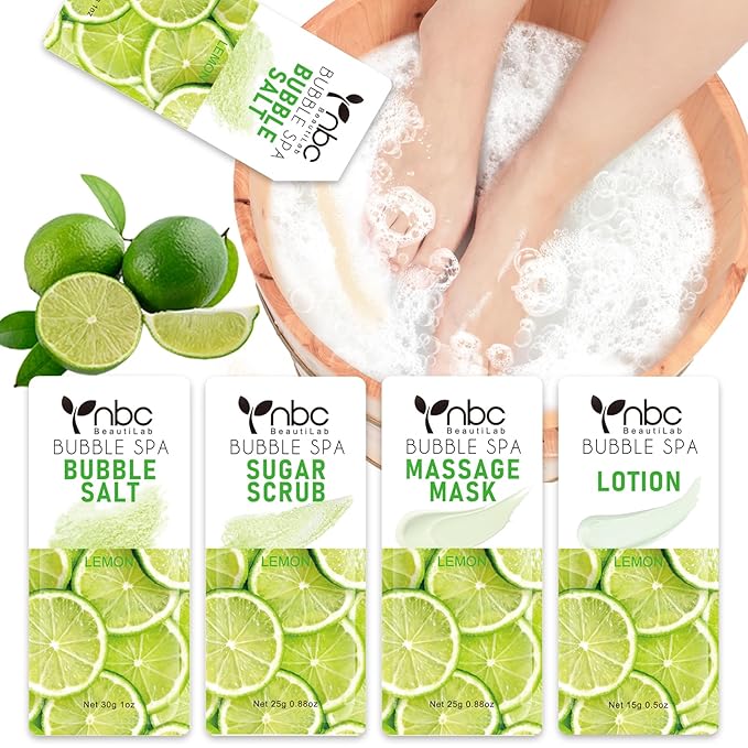 Pedicure Kit Foot Soak Set: Bubble Salt, Sugar Scrub, Massage Mask, Massage Lotion in a Box, 4 Step Foot Spa Kit for Dry Feet,Tired Feet（1 Set Lemon)
