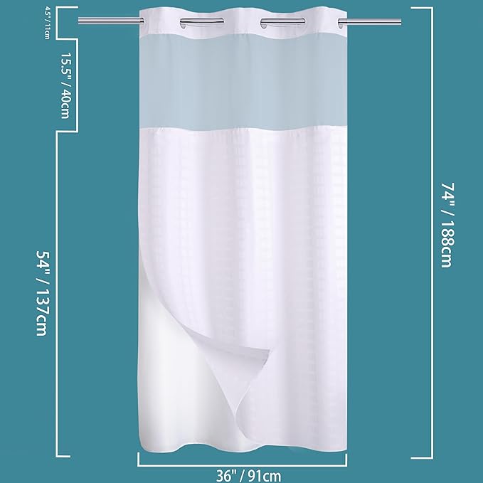 Conbo Mio Stall No Hook Shower Curtain with Snap in Liner Set, Hotel Luxury White Shower Curtains for Bathroom with See Through Top Window, Waterproof, Washable 36W x 74H