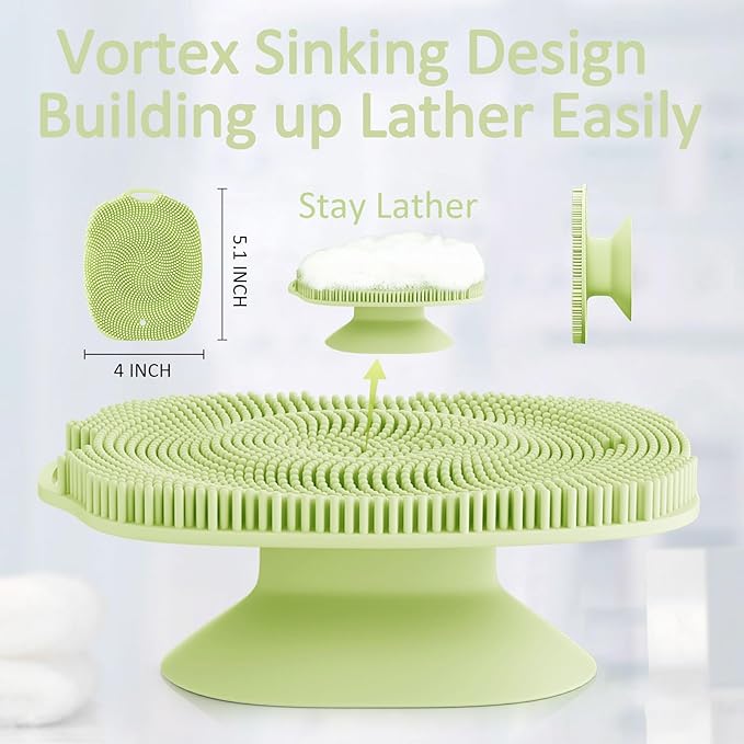 Soft Silicone Body Scrubber, Gentle Like a Hand Exfoliating Your Skin and Build Up Lather Easily, Back Large Suction Cup Easy to Store, Long-Lasting & Deep Clean （Green