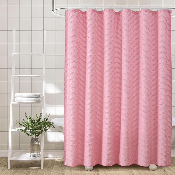 Pink Boho Shower Curtain Woven Fabric Cute Shower Curtain Modern Farmhouse Textured Tufted Chevron Striped Minimalist 72 x 78 Bathroom Shower Curtains