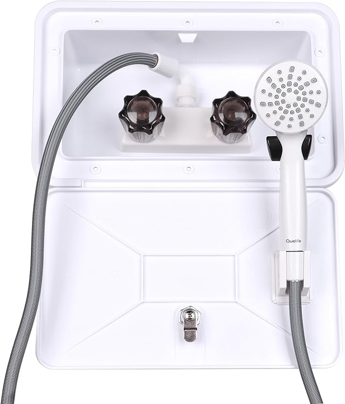 RV Outdoor Shower Exterior Shower Box Kit, Easy Install RV Outdoor Shower with Leak-Proof Coiled Hose, Direct Replacement for Campers, Van, Travel Trailer, Motorhome and Boat, White