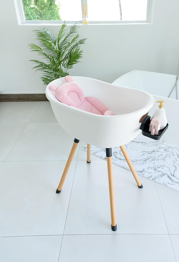 Luxury Baby Bathtub with Wooden Stand – 3-Stage Convertible, Ergonomic & Back-Saving Design (Pink Bundle)