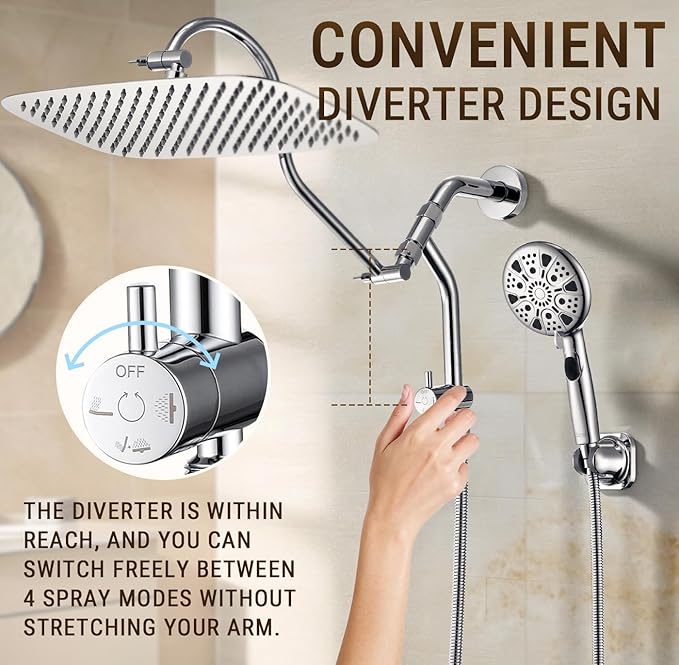 G-Promise 14 Inches Shower Heads with Massage Mode Handheld Sprayer Combo, 3 Way Metal Extended Diverter and Metal Adjustable Extension Arm, Stainless Steel Hose