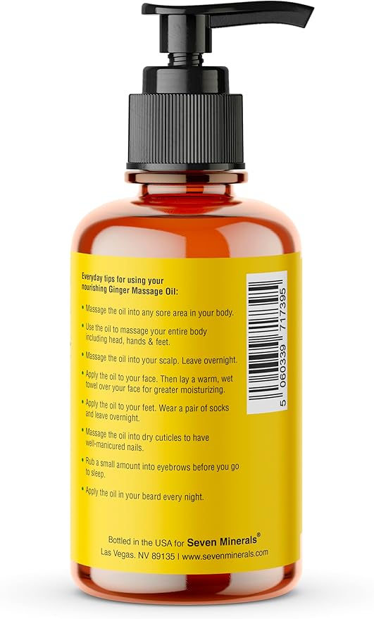 Seven Minerals Ginger Massage Oil for Lymphatic Drainage Massage Therapy - 4 oz - Warming and Ultra Relaxing - Therapeutic Grade Essential Oils Soothes Tired Muscles & Relaxes Mind and Body
