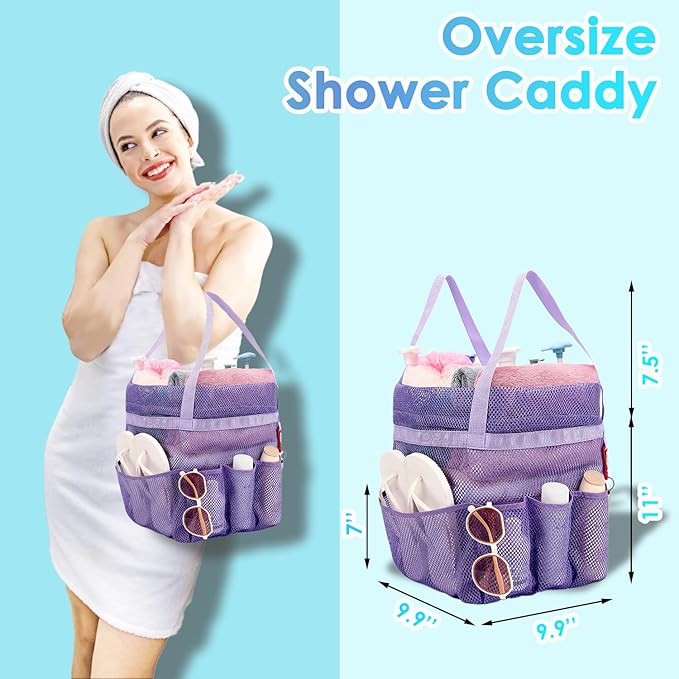 Mesh Shower Caddy Portable with Drawstring, Dorm Room Essentials for College Girls Guys, 8-Pocket Large Shower Bag Basket Tote for Camping Beach Gym Travel Toiletry Bathroom