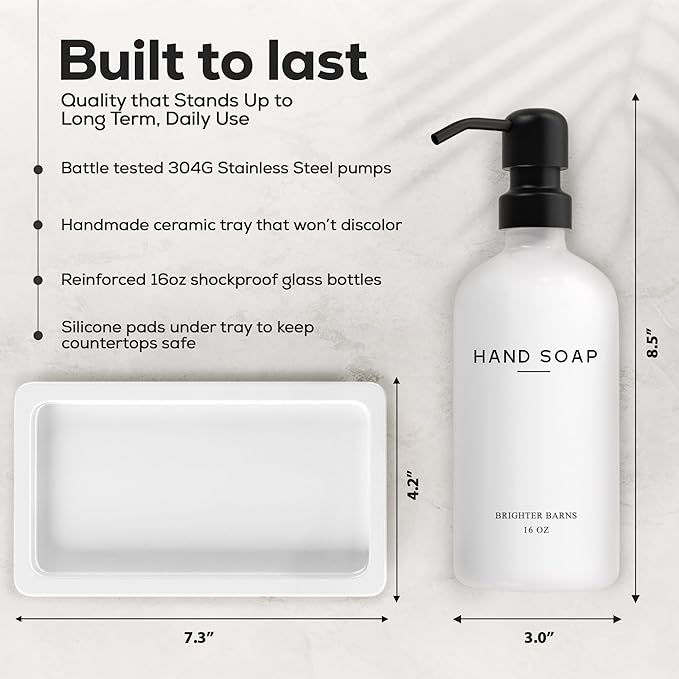 White Glass Soap and Lotion Dispenser Set with Tray by Brighter Barns - Hand Soap Dispenser Bathroom Set & Stainless Steel Pump for Home, Vacation Rental - Modern Bathroom Accessories & Decor (White)