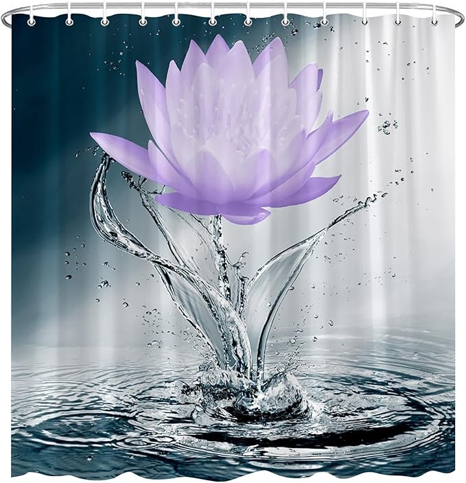 Lotus Shower Curtain Black White Blue Violet Flower Elegant Blooming Floral with Dew Spring Flower Reflection on Water Modern Romantic Polyester Fabric Bathroom Decor 108×70 Inch with Hook