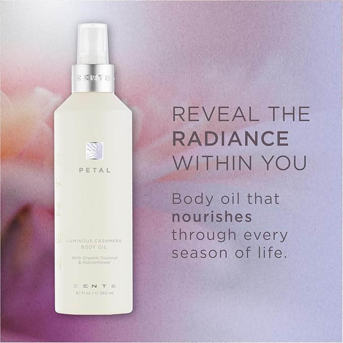 Zents Luminous Cashmere Body Oil (Petal Fragrance) | Moisturizing Body Oil with Vitamin E & Organic Coconut Oil | Softens & Smooths Skin | 8 fl oz