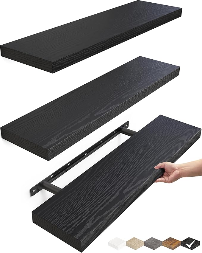 BAYKA Floating Shelves for Wall, 22.5 inches Wall Mounted Rustic Wood Shelves for Bathroom, Bedroom, Living Room, Floating Shelves for Books/Storage/Decor (Black,Set of 3)