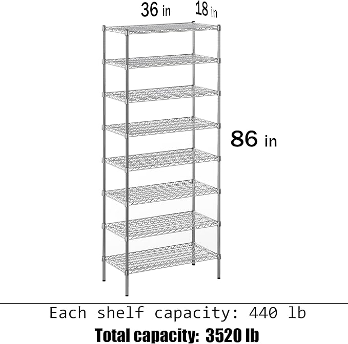 18" Deep x 36" Wide x 86" Height Wire Shelving Kit | 8-Tier | NSF Commercial Storage Rack Unit