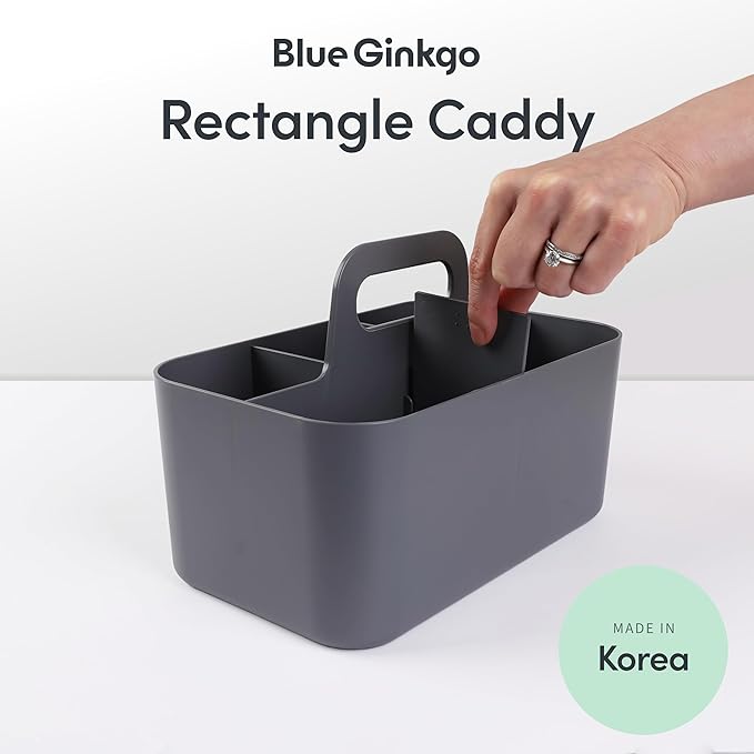 BLUE GINKGO Stackable Organizer Caddy – Korean-Made Portable Tote for Bathroom, Office, Crafts, or School Supplies (Rectangle, Gray)