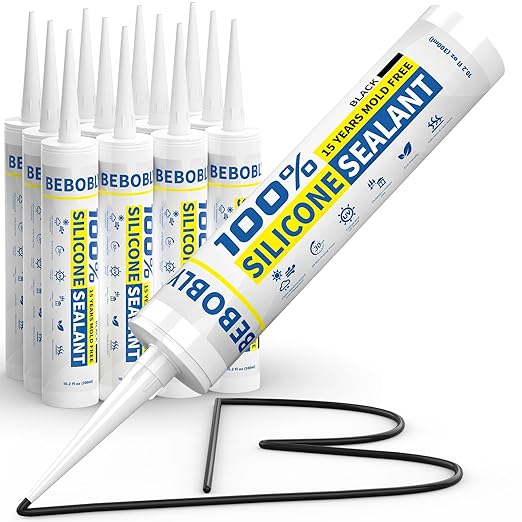 Black Silicone Caulk & Sealant, 100% Waterproof Silicone Caulking, Silicone Sealant Caulking for Kitchen, Bathroom, RV, Interior & Exterior Use, Shrink & Crack Proof, 10.2 FL. OZ/300ML, 12 Pack