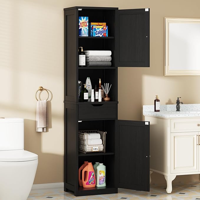 Walsunny Tall Bathroom Storage Cabinet with Freestanding Adjustable Shelves, Narrow Storage Linen Cabinet with 2 Doors and 1 Drawers for Bathroom, Living Room, Kitchen, Black