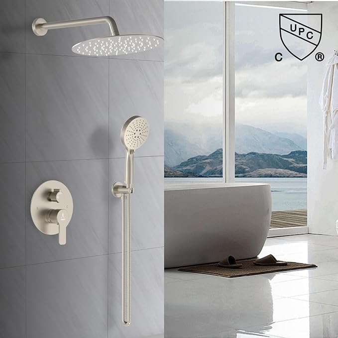 Shower Faucet Set 10IN Brass Rough-In Valve Body Trim Kit Rainfall Included Handle Accessories Complete 2 Functions with Rain Head and Handheld Bathroom Systems (10'', Brushed Nickel)