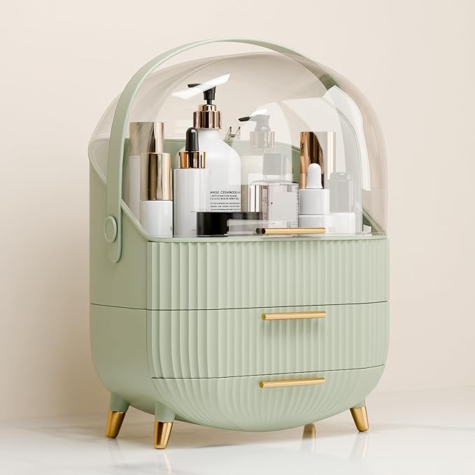 Makeup Organizers and Storage, Make up Organizer for Vanity Cosmetics Skincare Organizers With Lid and Drawers Display Cases for Countertop（Light Green）