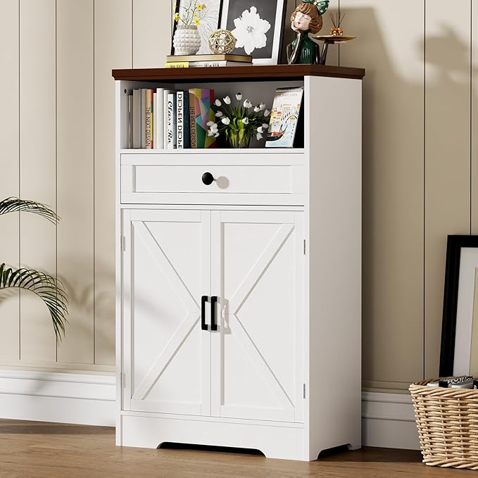 White Floor Cabinet, Farmhouse Storage Cabinet with Barn Doors and Drawer, Freestanding Adjustable Shelf Cabinets for Bathroom, Kitchen, Living Room