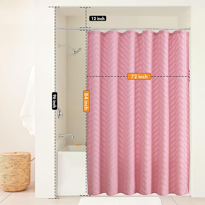 Pink Boho Shower Curtain Woven Fabric Cute Shower Curtain Textured Tufted Chevron Striped Minimalist 72 x 84 Bathroom Shower Curtains