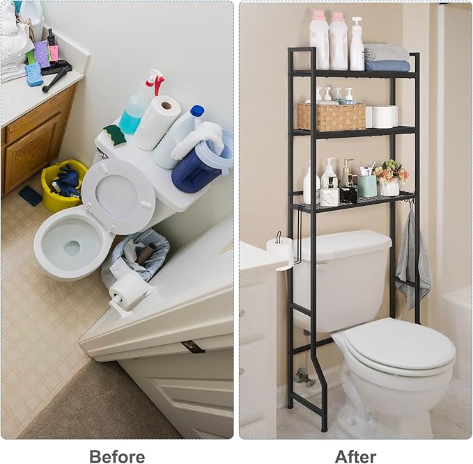 Over The Toilet Storage Over Toilet Rack Bathroom Organizer 3 Tier Toilet Shelf with 4 Hooks and Toilet Paper Holder Freestanding Bathroom Stand Over Toilet Save Space, Black