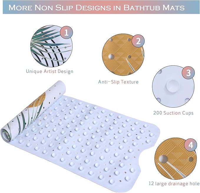 Bathtub Mat Non Slip Boho 40x16in Palm Leaves Extra Long Bohemia Bath Mat for Tub Abstract Art Anti Slip Shower Mat for Bathroom with Large Drain Holes and Suction Cups Quality Bath Mats Decor