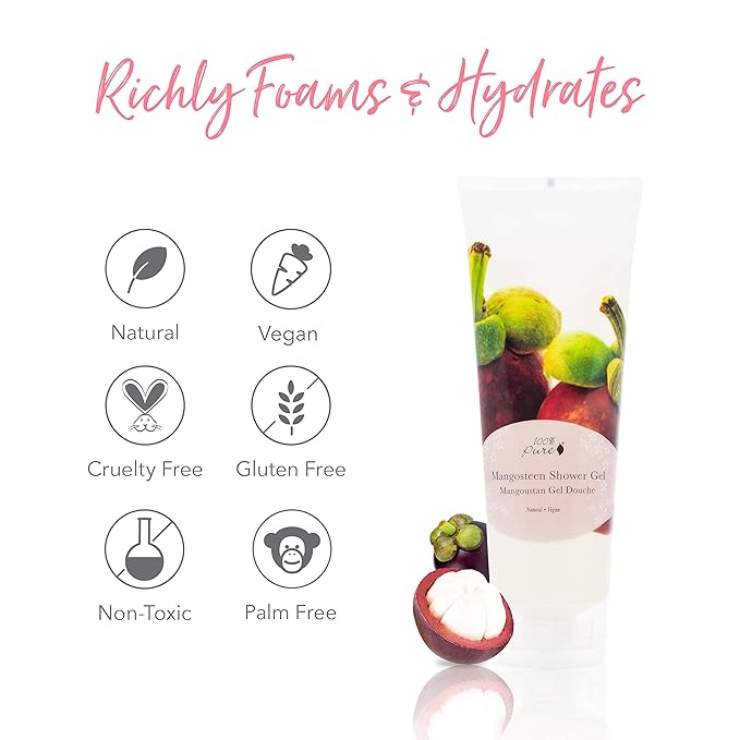 100% PURE Mangosteen Shower Gel Natural Foaming & Hydrating Body Wash - Deeply Moisturizing Gentle Soap Cleanser for All Skin Types, Even Sensitive - Gluten-Free - 8 Fl Oz